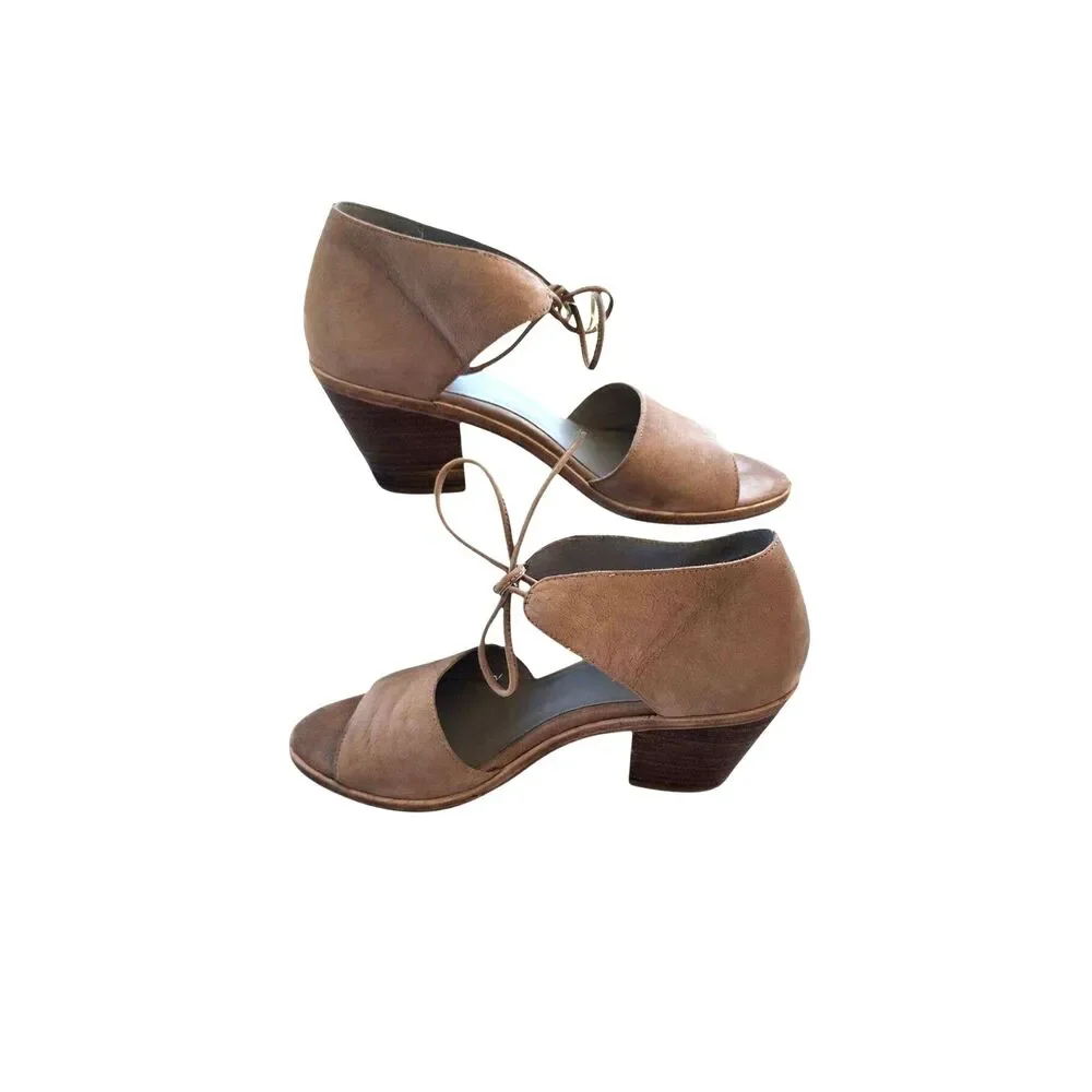 Eileen Fisher Tan Suede Block Heel Sandals Size 8.5 Lace  Open-Toe Comfort